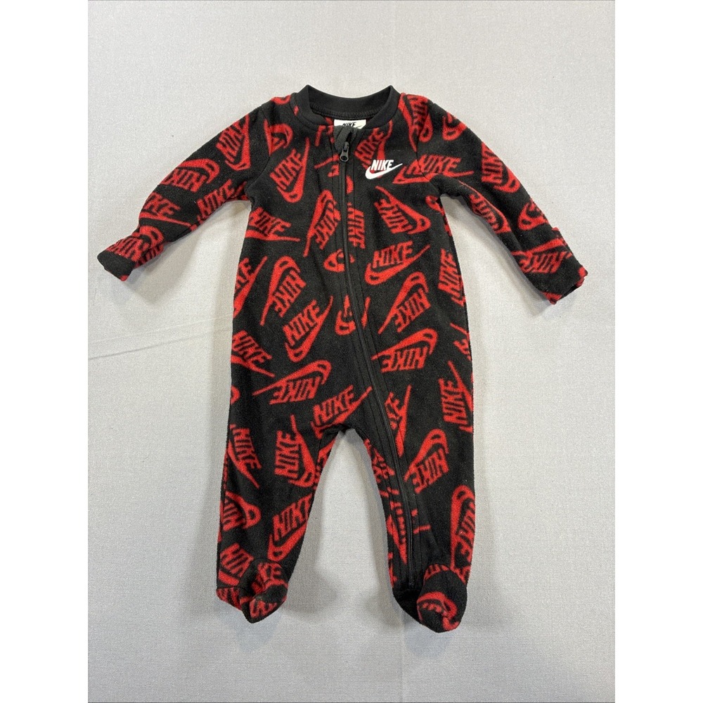 Nike 3 Month One Piece Zip Up Sleeper Red Black Footed Mittens - Picture 1 of 7